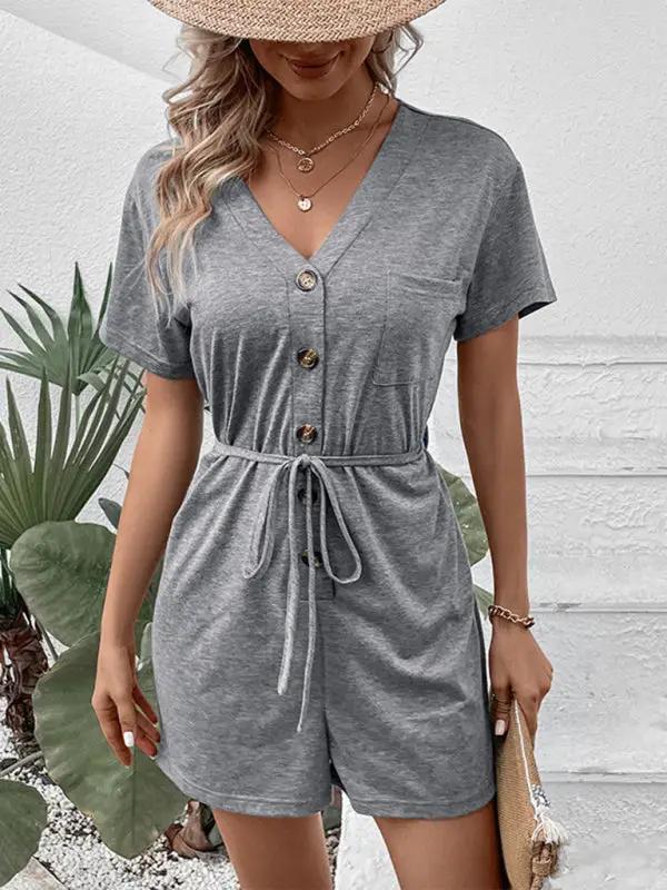 Solid color gray v-neck jumpsuit with tie waist