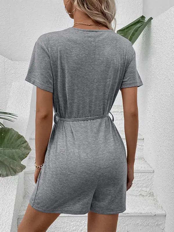 Casual elegant gray v-neck jumpsuit back view
