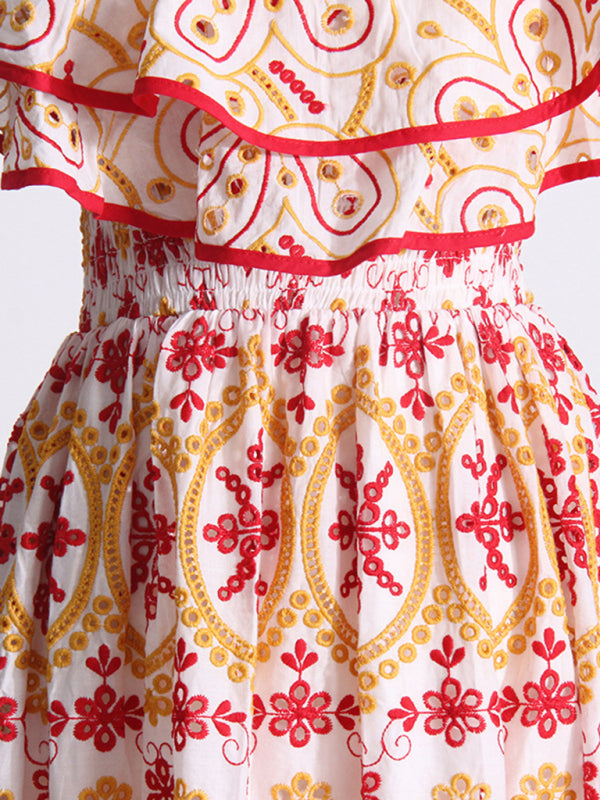 New one-shoulder ruffles hollow embroidery printed front slit dress