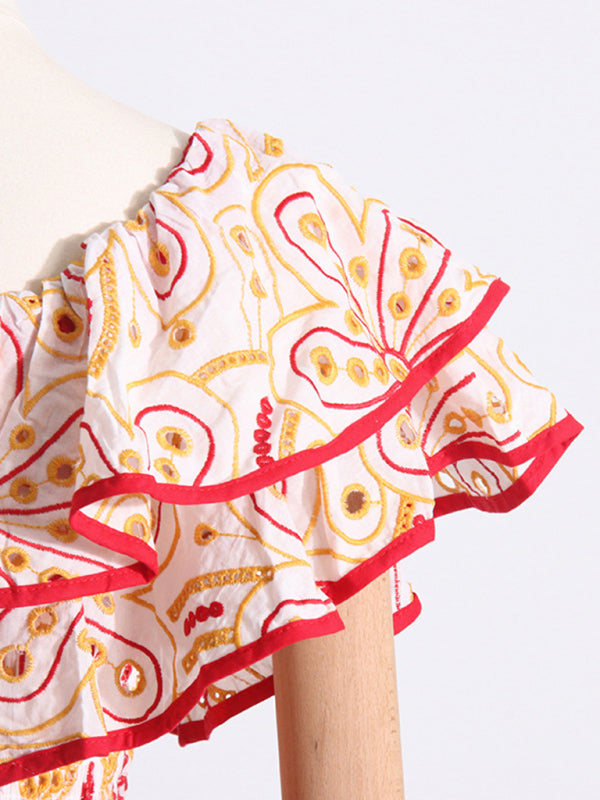 New one-shoulder ruffles hollow embroidery printed front slit dress