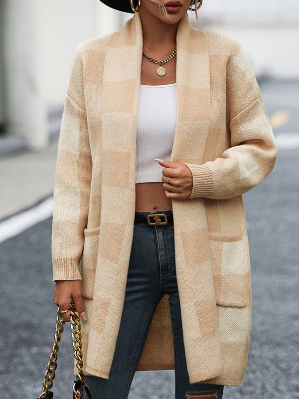Damenmantel, lockerer, karierter Farbblock-Strick-Cardigan, modischer Pullover