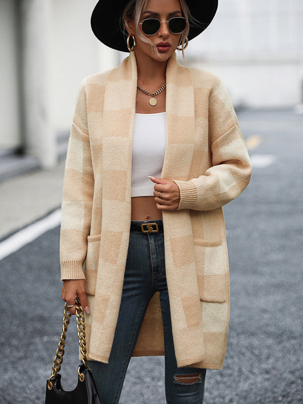 Damenmantel, lockerer, karierter Farbblock-Strick-Cardigan, modischer Pullover