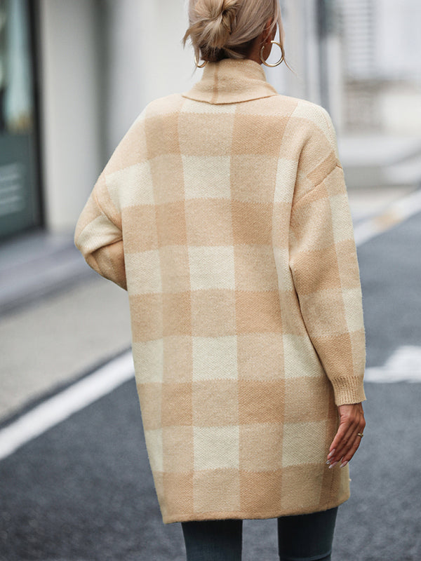 Damenmantel, lockerer, karierter Farbblock-Strick-Cardigan, modischer Pullover
