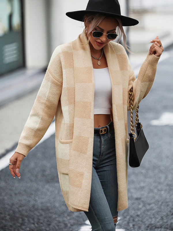 Damenmantel, lockerer, karierter Farbblock-Strick-Cardigan, modischer Pullover