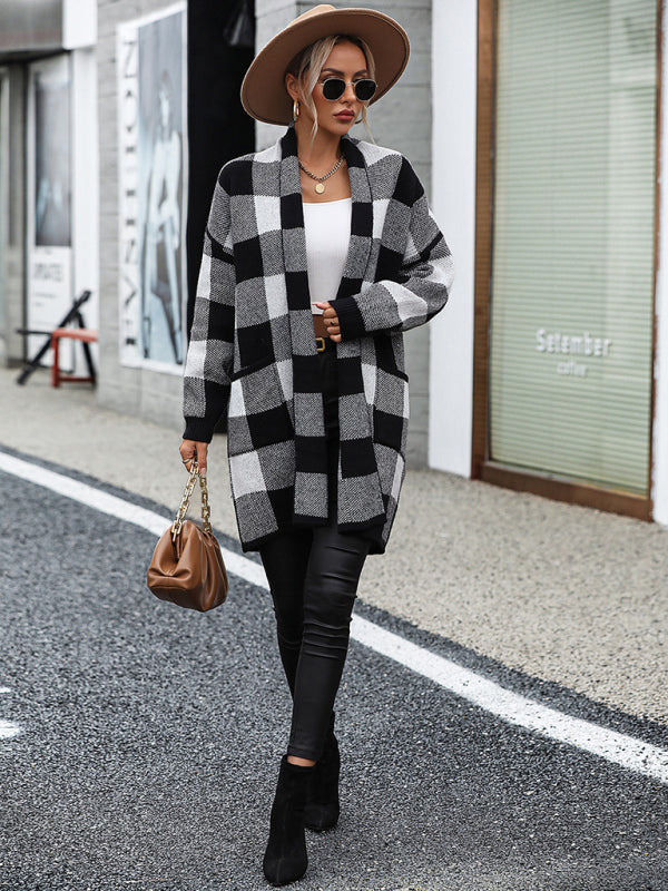 Damenmantel, lockerer, karierter Farbblock-Strick-Cardigan, modischer Pullover
