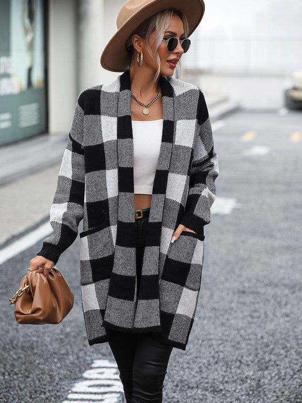 Damenmantel, lockerer, karierter Farbblock-Strick-Cardigan, modischer Pullover