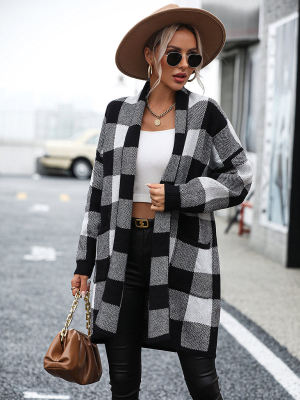 Damenmantel, lockerer, karierter Farbblock-Strick-Cardigan, modischer Pullover