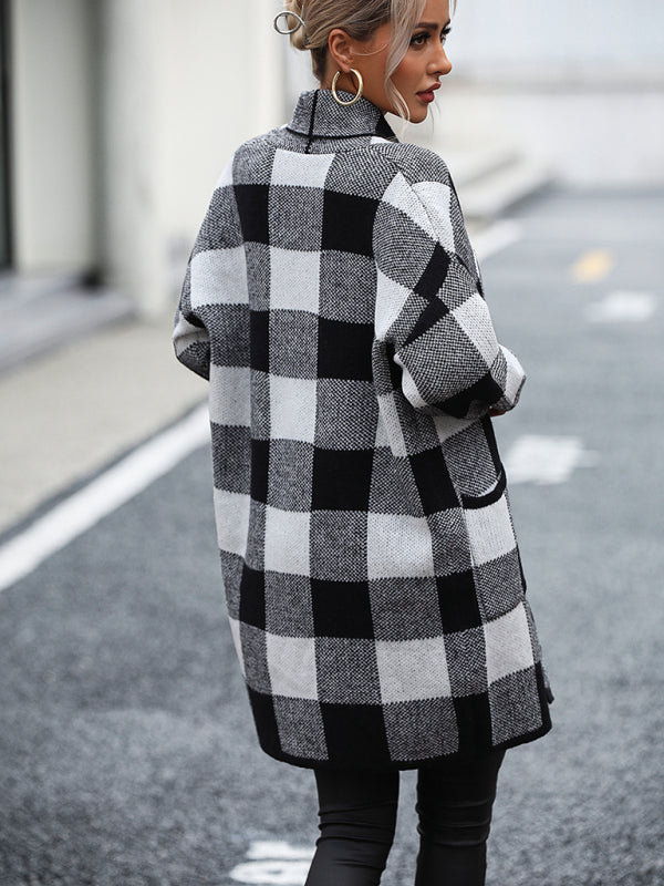 Damenmantel, lockerer, karierter Farbblock-Strick-Cardigan, modischer Pullover