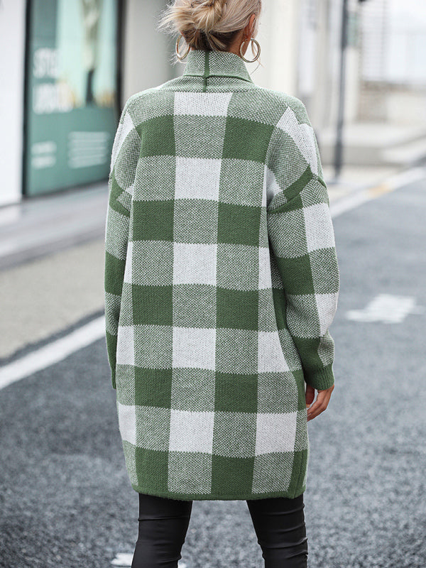 Damenmantel, lockerer, karierter Farbblock-Strick-Cardigan, modischer Pullover