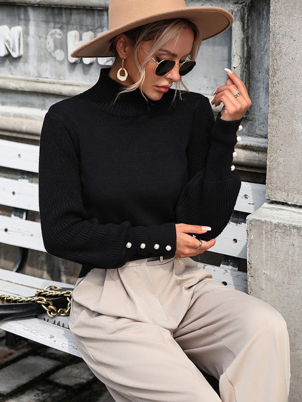 Pull tricoté à col roulé pour femme, pull perlé assorti avec tout