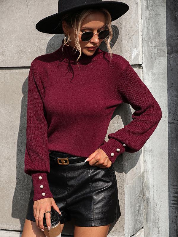 Pull tricoté à col roulé pour femme, pull perlé assorti avec tout