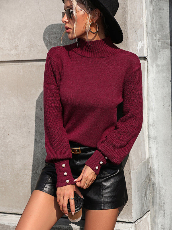 Pull tricoté à col roulé pour femme, pull perlé assorti avec tout