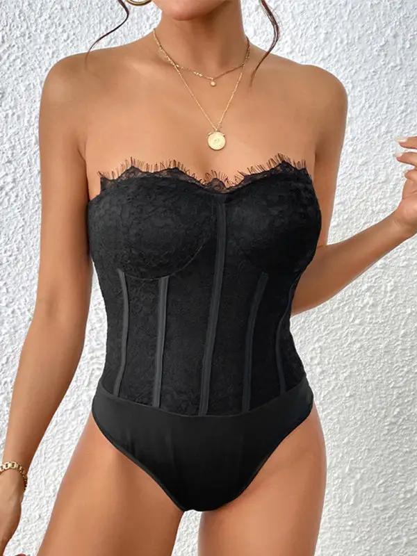 Front view of black lace strapless bodysuit