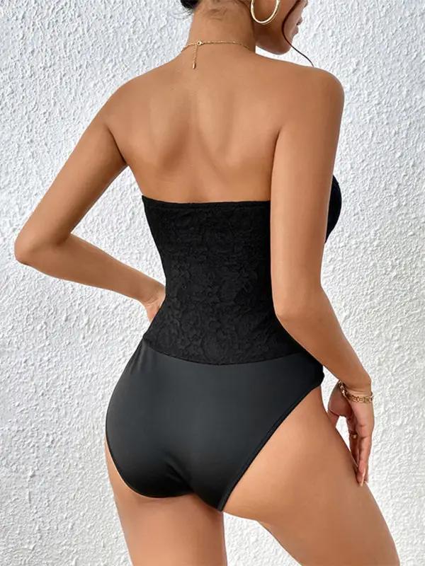 Back view of black lace strapless bodysuit