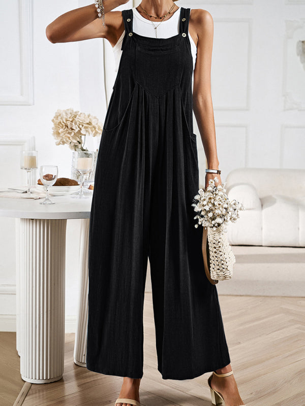 Black solid color wide-leg jumpsuit