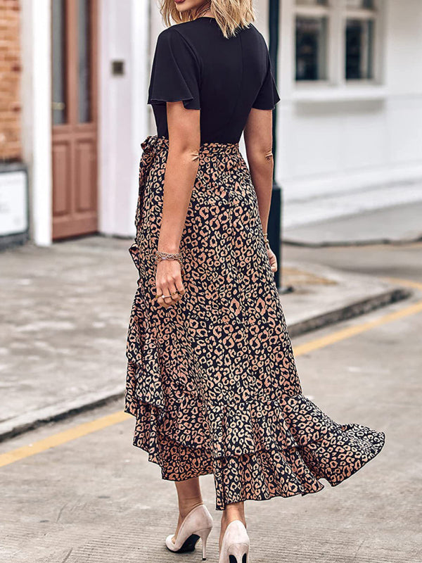 Robe imprimée à manches courtes et col en v pour femmes, nouvelle collection, ourlet épissé, fente irrégulière