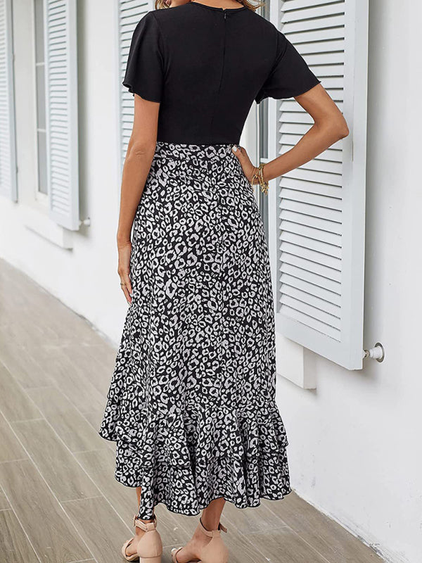 Robe imprimée à manches courtes et col en v pour femmes, nouvelle collection, ourlet épissé, fente irrégulière