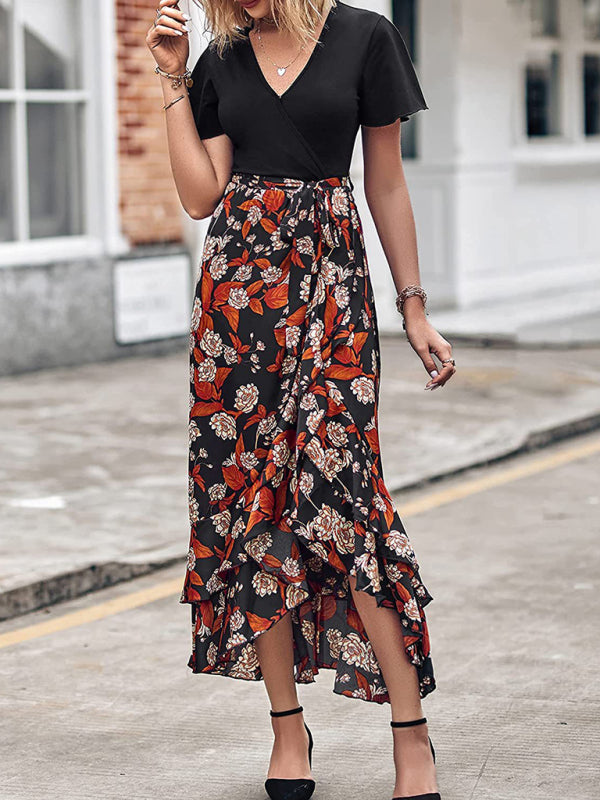 Robe imprimée à manches courtes et col en v pour femmes, nouvelle collection, ourlet épissé, fente irrégulière