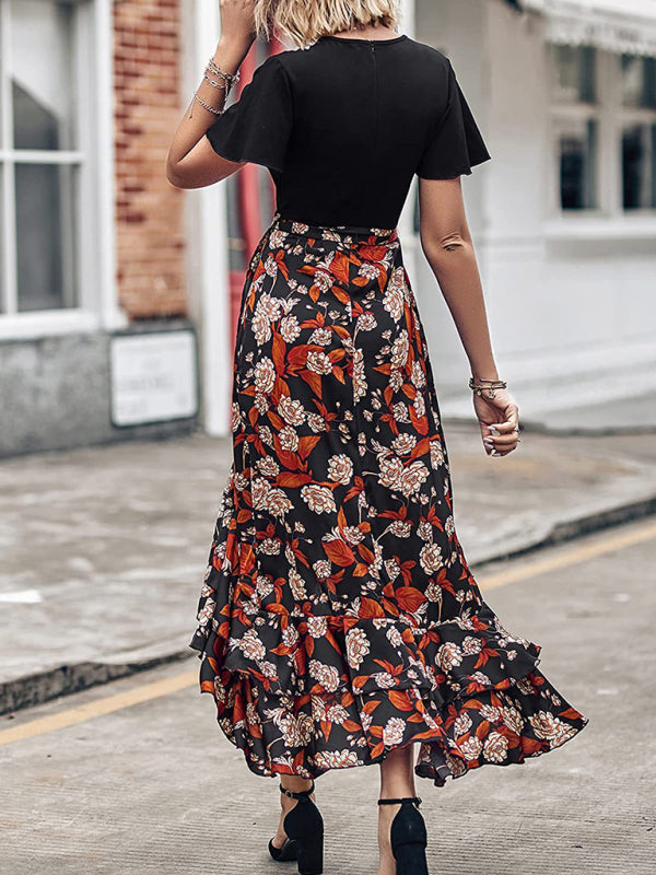 Robe imprimée à manches courtes et col en v pour femmes, nouvelle collection, ourlet épissé, fente irrégulière