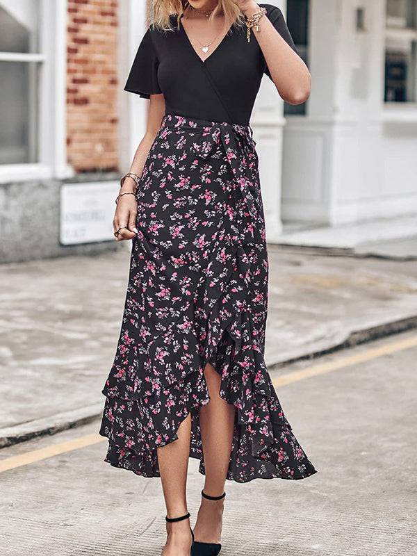 Robe imprimée à manches courtes et col en v pour femmes, nouvelle collection, ourlet épissé, fente irrégulière