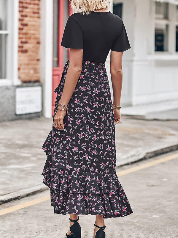 Robe imprimée à manches courtes et col en v pour femmes, nouvelle collection, ourlet épissé, fente irrégulière