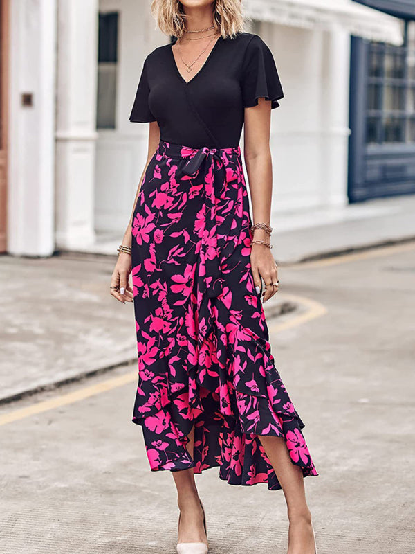 Robe imprimée à manches courtes et col en v pour femmes, nouvelle collection, ourlet épissé, fente irrégulière