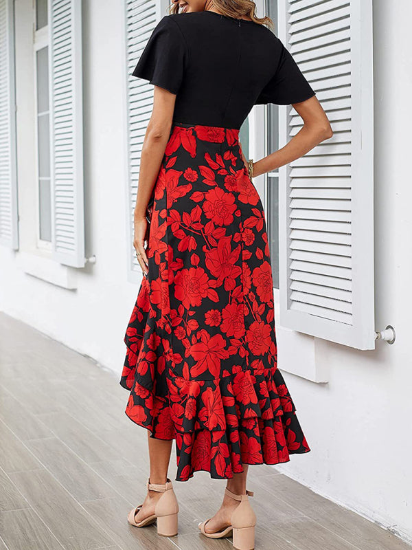 Robe imprimée à manches courtes et col en v pour femmes, nouvelle collection, ourlet épissé, fente irrégulière