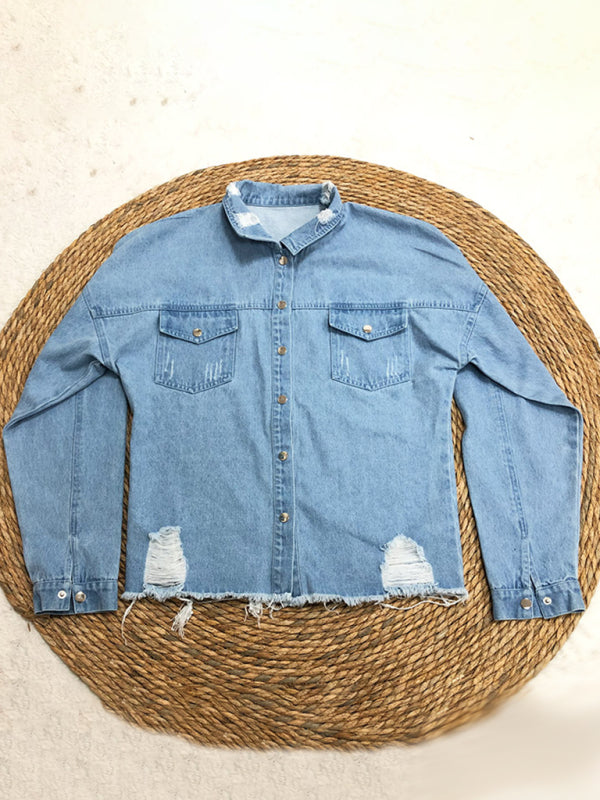 Zerrissene mittellange Jeansjacke, gewaschene Retro-Jacke, lange Ärmel, Bluse
