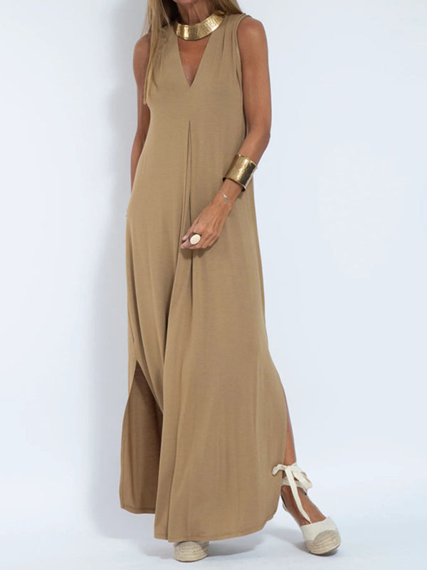 New solid color pullover V-neck dress