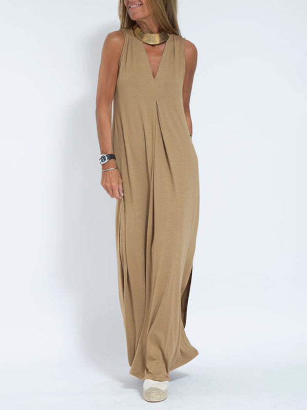 New solid color pullover V-neck dress