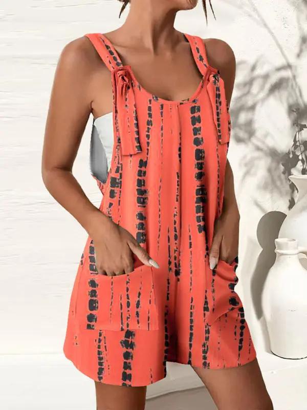 Orange striped casual suspenders shorts jumpsuit