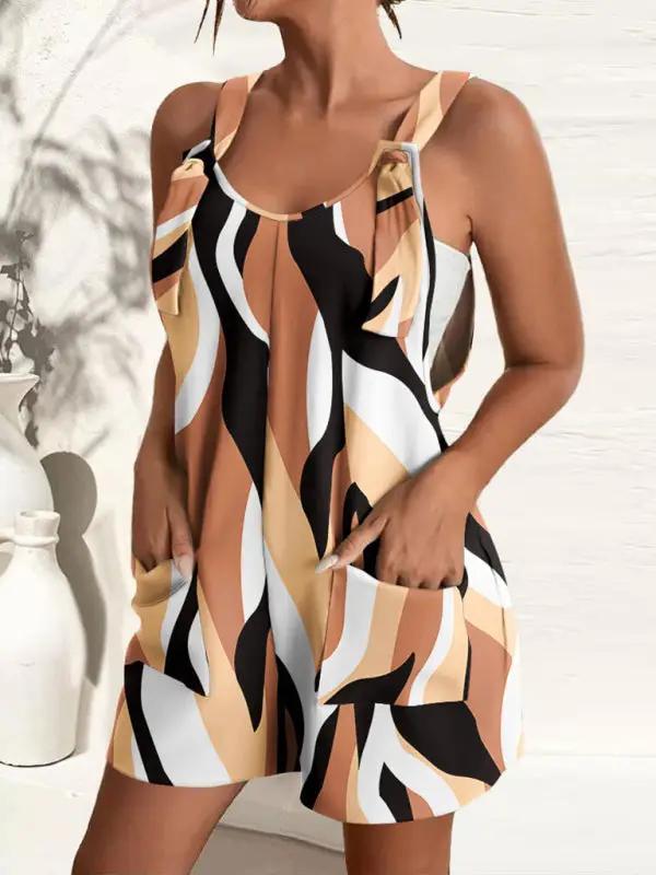 Abstract design fashion suspenders shorts jumpsuit