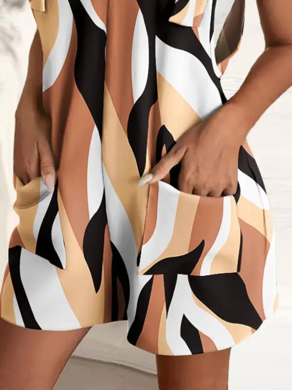 Abstract pattern casual suspenders shorts jumpsuit