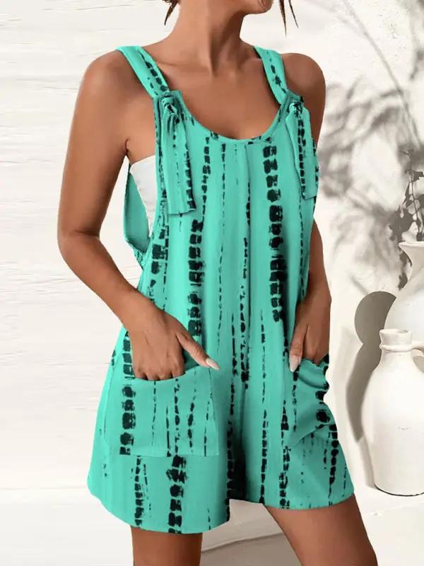 Teal striped fashion suspenders shorts jumpsuit