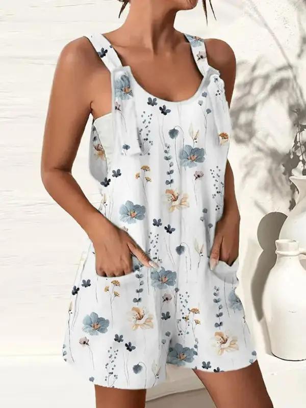 Floral design fashion suspenders shorts jumpsuit