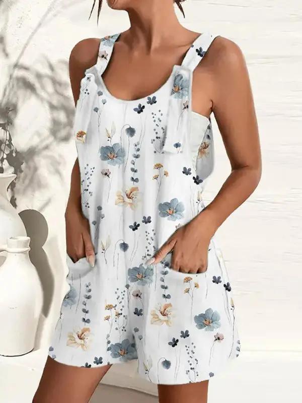 Floral print casual suspenders shorts jumpsuit