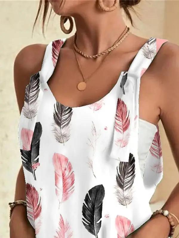 Close-up feather print suspenders shorts jumpsuit