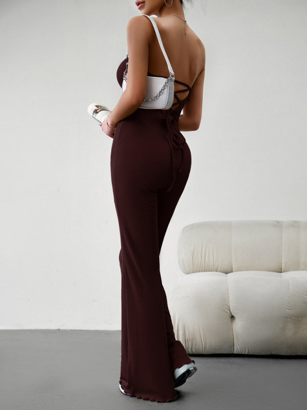 Back view of brown tube top jumpsuit, lace-up detail