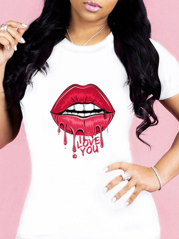 sexy leopard print lips t-shirt round neck short-sleeved T-shirt women&