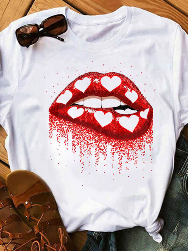 T-Shirt mit Lippengrafik und Leopardenmuster für Damen