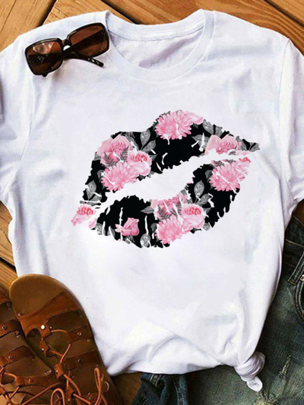 T-Shirt mit Lippengrafik und Leopardenmuster für Damen