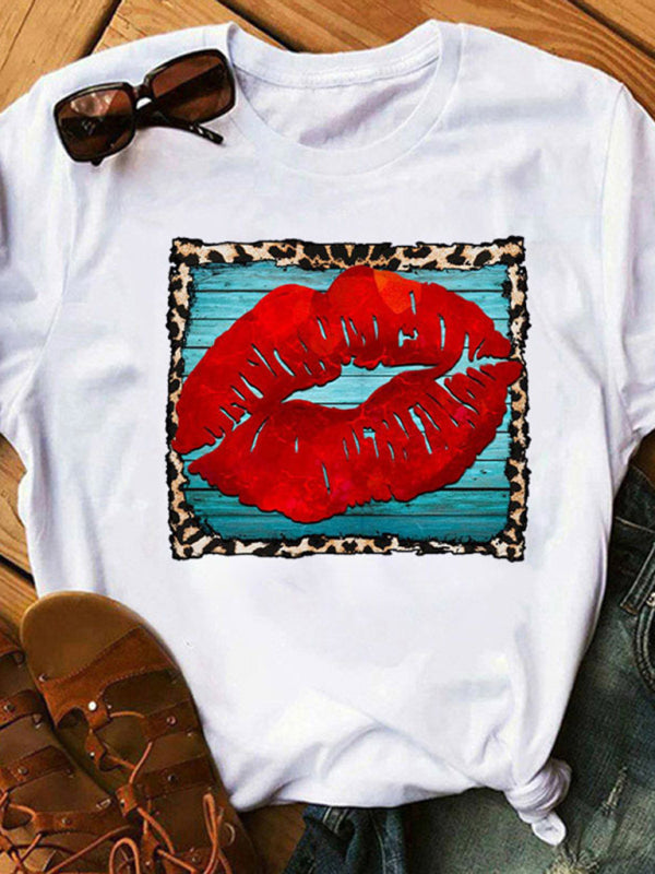 T-Shirt mit Lippengrafik und Leopardenmuster für Damen