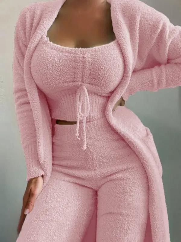 Soft pink plush tie camisole jacket trousers 3-piece suit