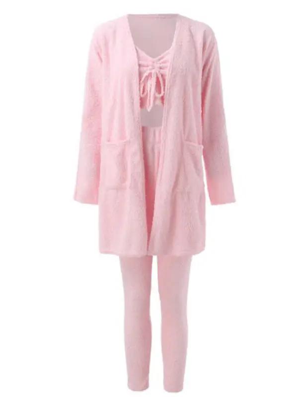 Pink plush tie camisole jacket trousers 3-piece suit