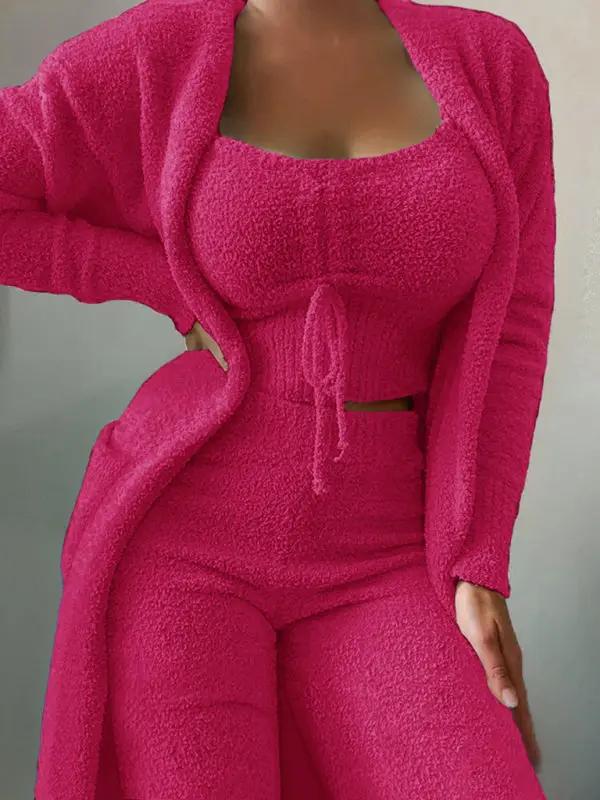 Hot pink plush tie camisole jacket trousers 3-piece suit