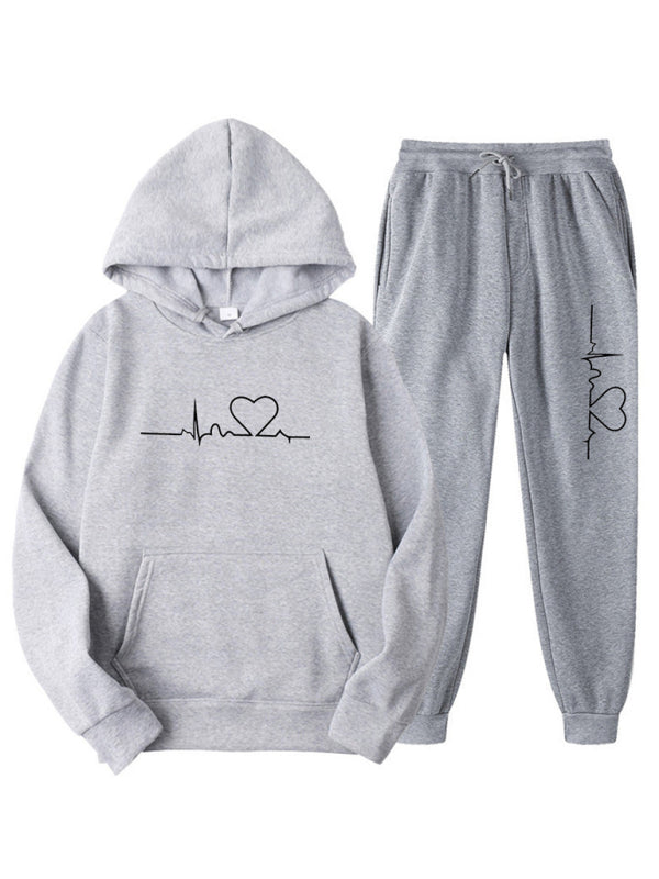 Kapuzenpullover mit EKG-Aufdruck für Damen und Fleece-Sweatshirt-Set für Herren