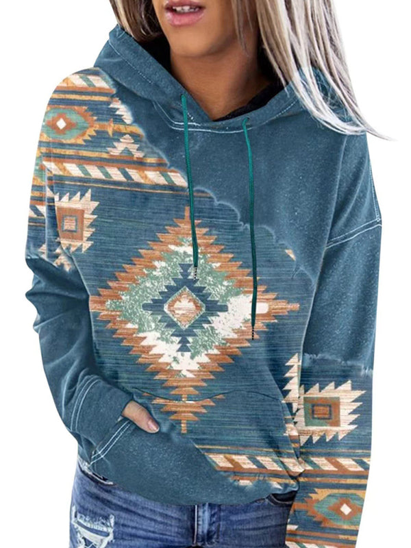 Blue hooded sweater featuring tribal print pattern