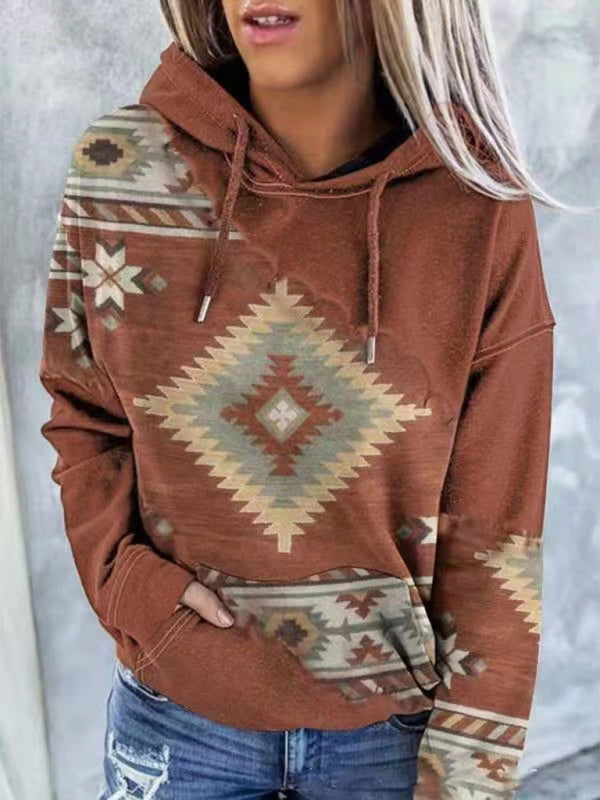 Brown hooded sweater with tribal print accents