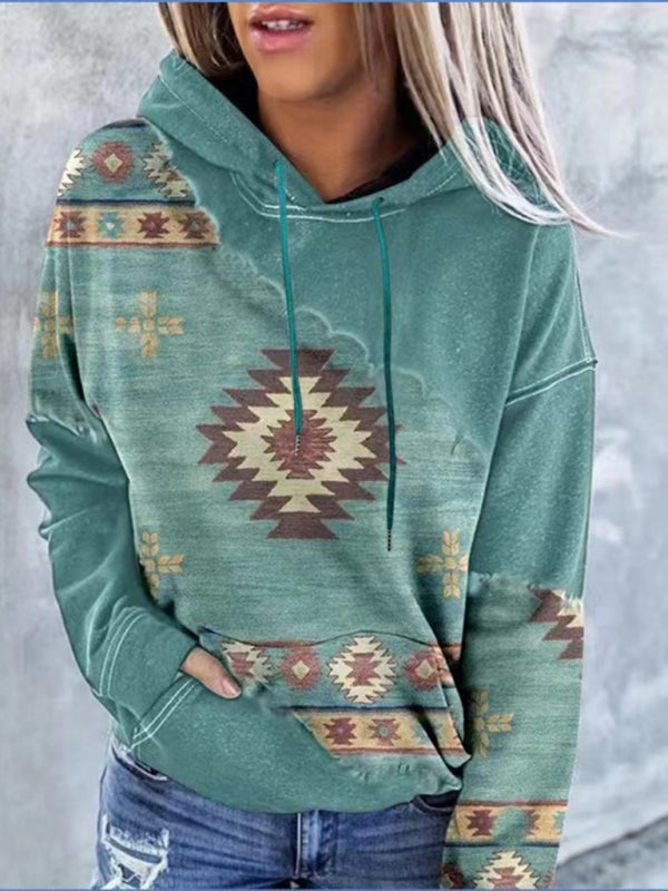 Green hooded sweater showcasing tribal print