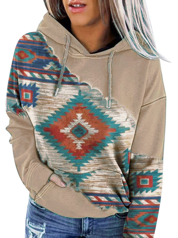 Beige hooded sweater with tribal print design